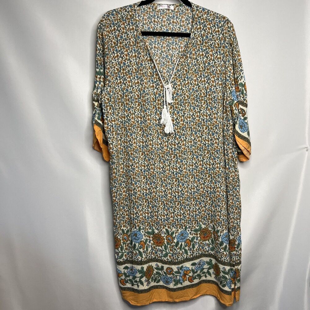 HALIFE Dress With Tassel Tie Neck Cream And Orange Floral Size 2XL BOHO